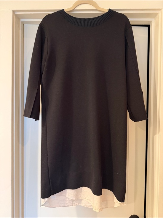 Ami Dresses & Skirts - Ami Black Ribbed-Neck Black Crew Sweater Dress with White Accent at the Hem